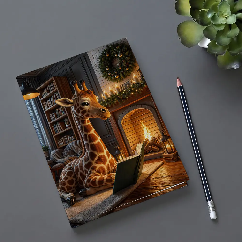 Giraffe Reading Book By Christmas Fireplace – Notebooks