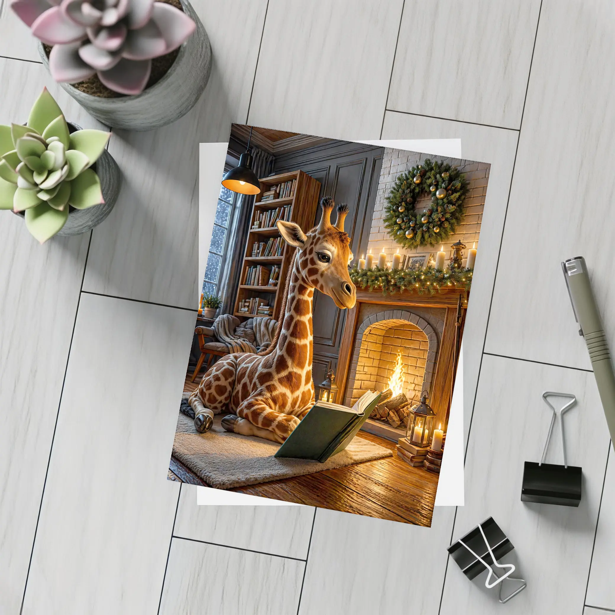 Giraffe Reading Book By Christmas Fireplace – Postcards