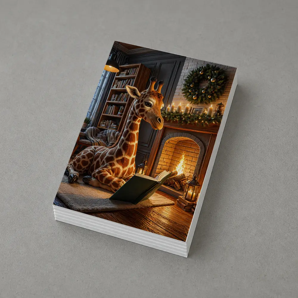 Giraffe Reading Book By Christmas Fireplace – Postcards