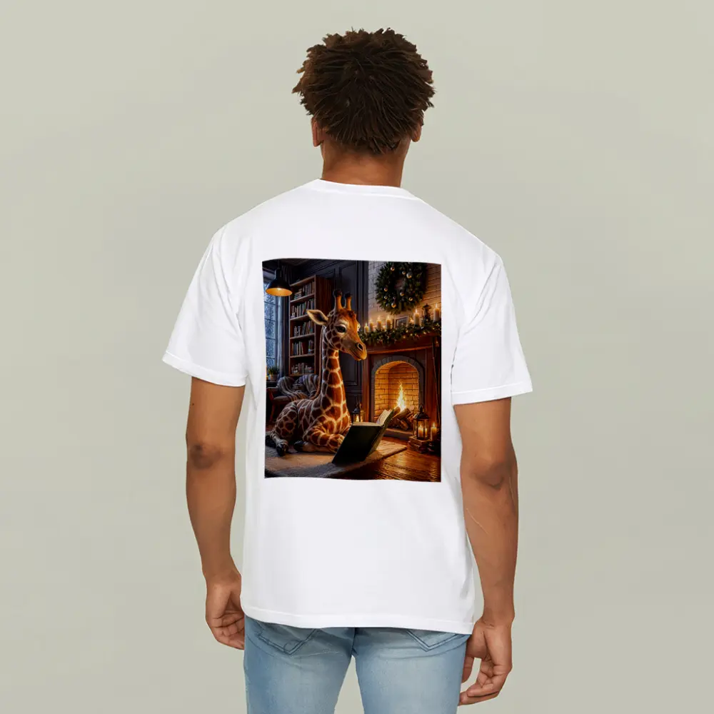 Giraffe Reading Book By Christmas Fireplace – T-Shirts