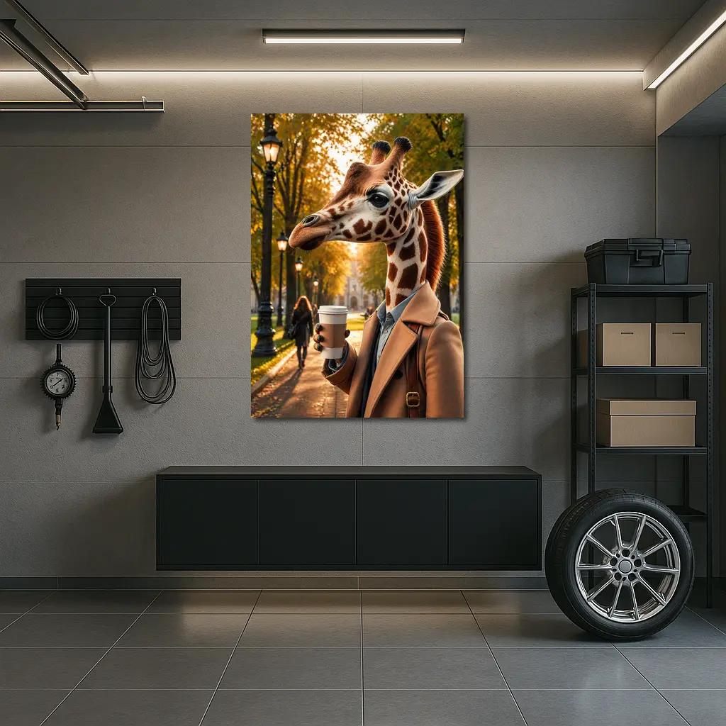 Giraffe With Coffee Autumn Park Walk – Wall Art