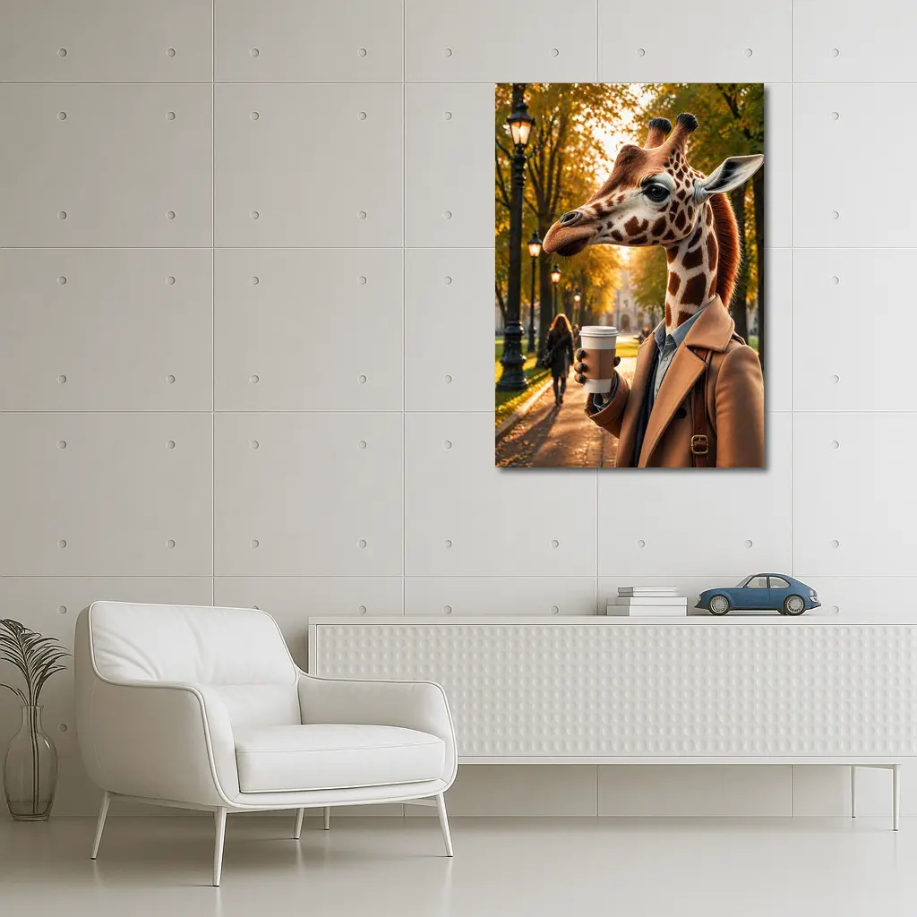 Giraffe With Coffee Autumn Park Walk – Wall Art