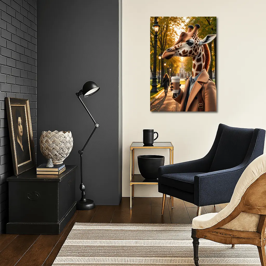 Giraffe With Coffee Autumn Park Walk – Wall Art