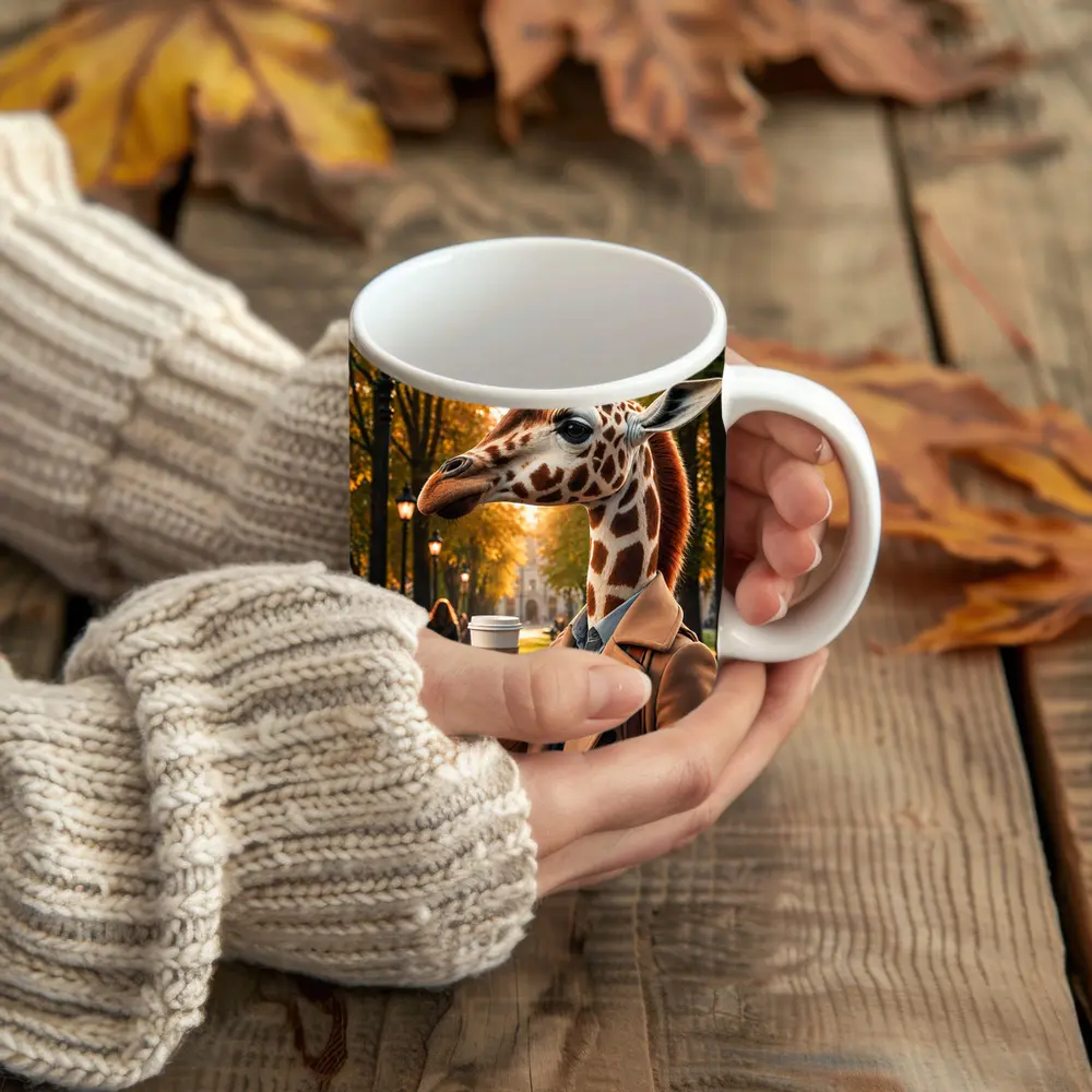 Giraffe With Coffee Autumn Park Walk – Mugs