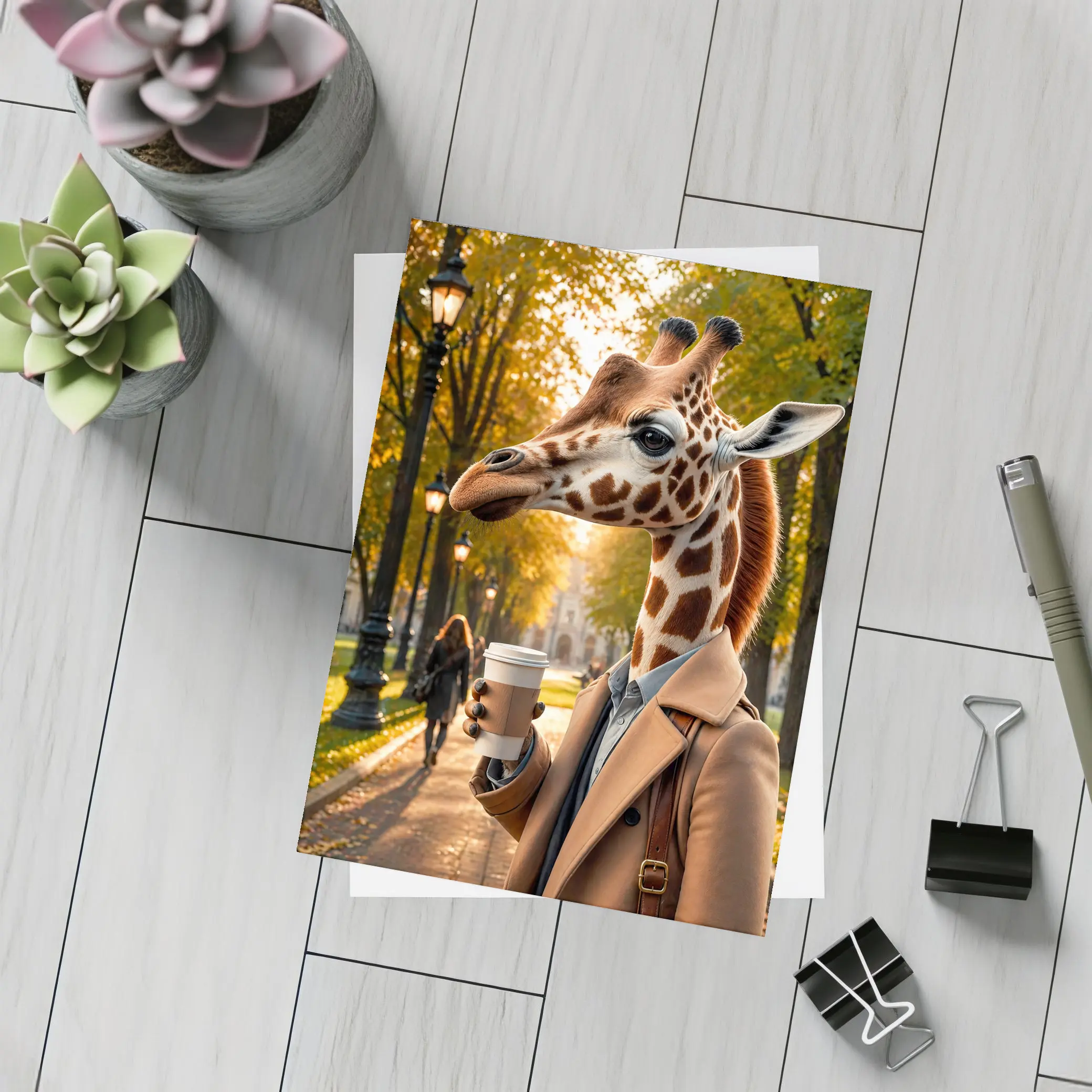 Giraffe With Coffee Autumn Park Walk – Postcards