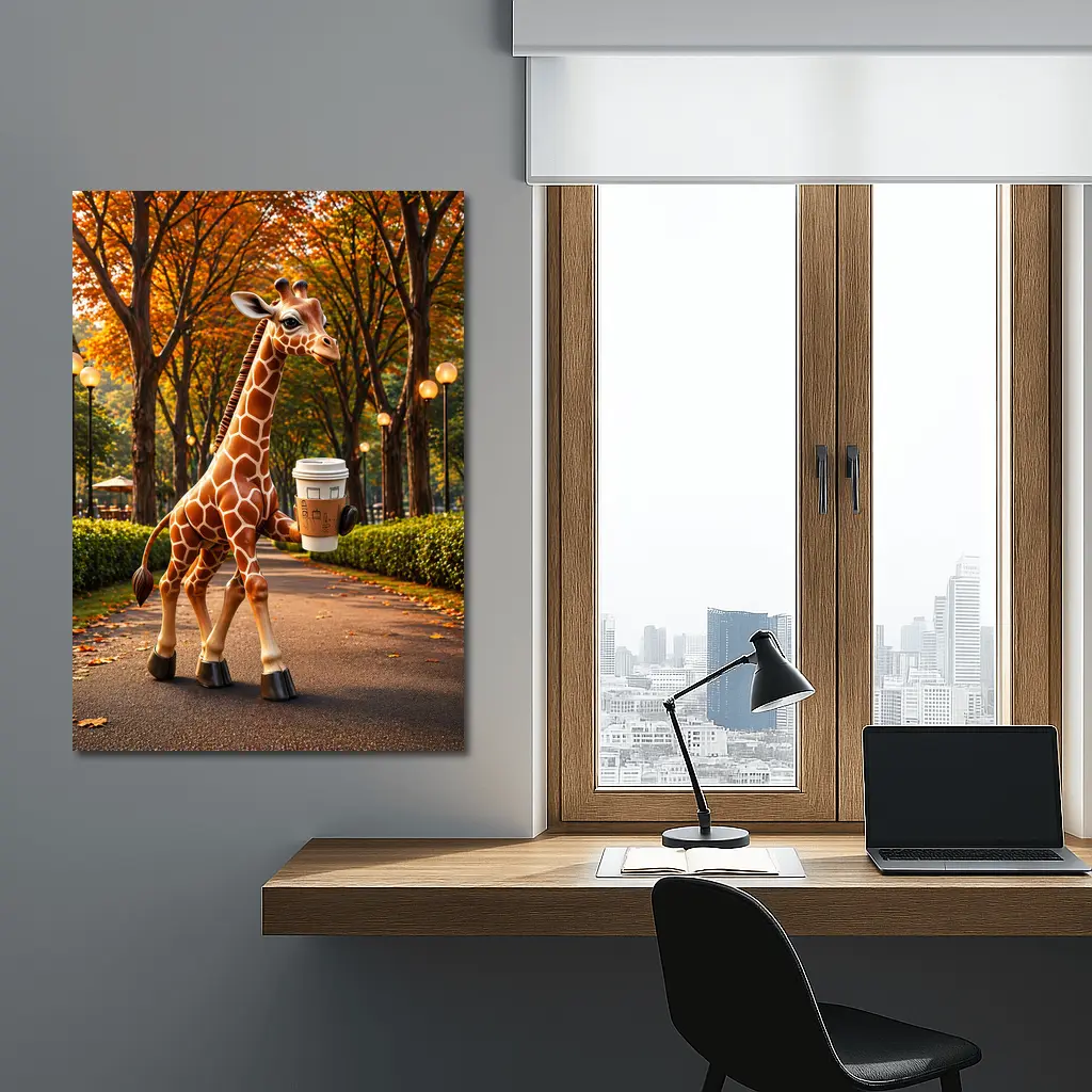 Giraffe Holding Coffee Walking Autumn Park – Wall Art