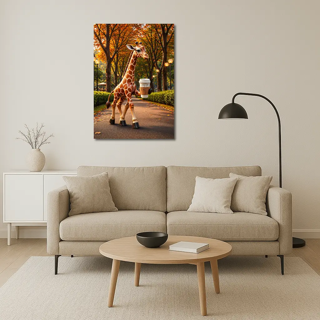 Giraffe Holding Coffee Walking Autumn Park – Wall Art