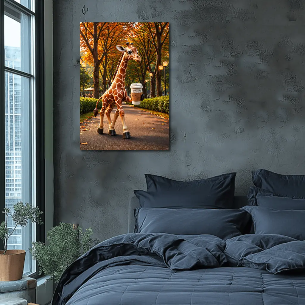 Giraffe Holding Coffee Walking Autumn Park – Wall Art