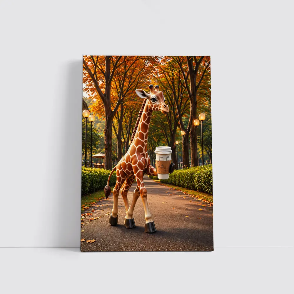 Giraffe Holding Coffee Walking Autumn Park – Wall Art