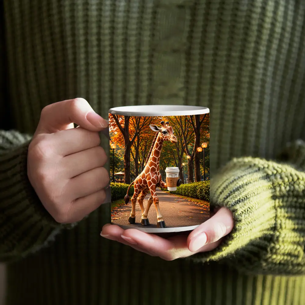 Giraffe Holding Coffee Walking Autumn Park – Mugs