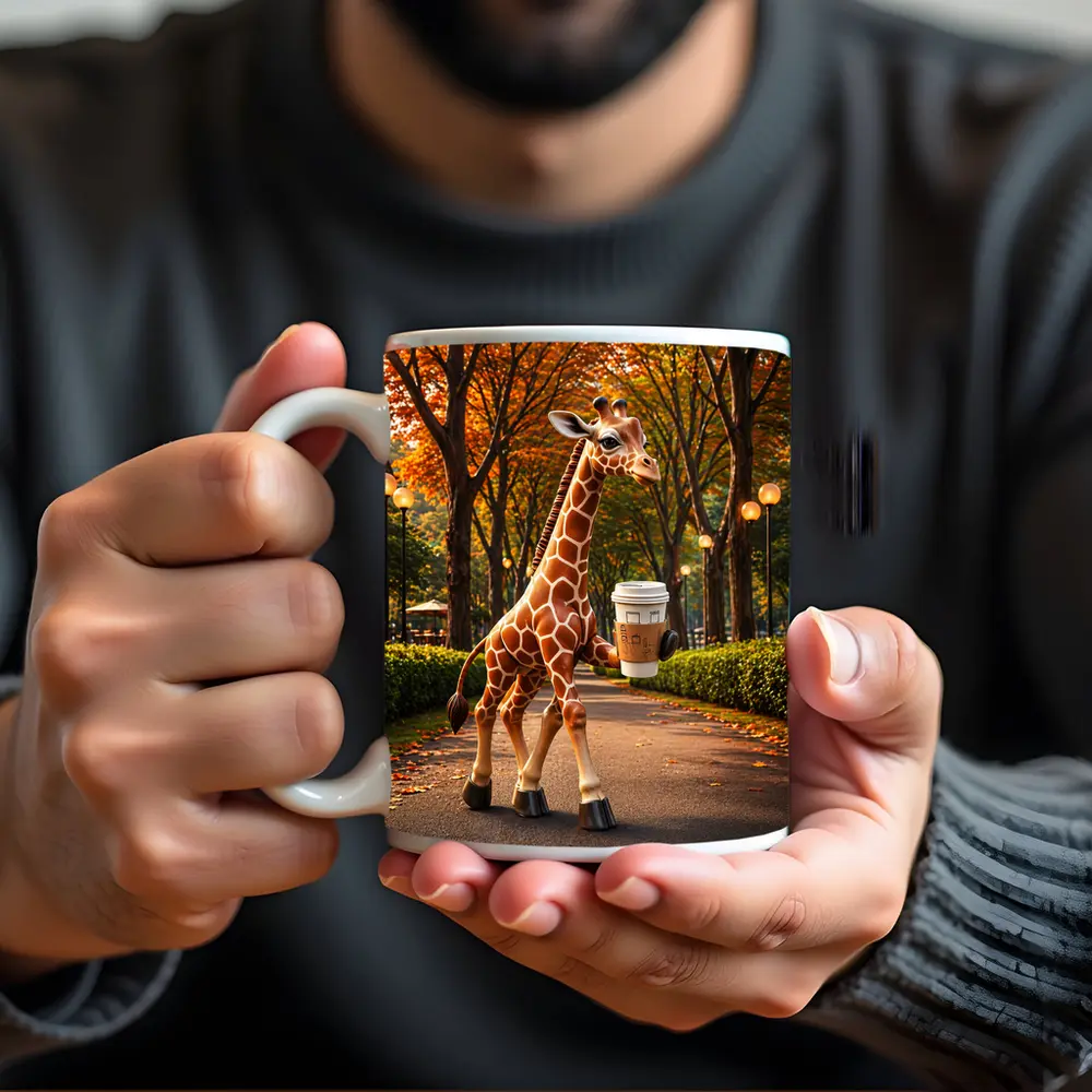 Giraffe Holding Coffee Walking Autumn Park – Mugs