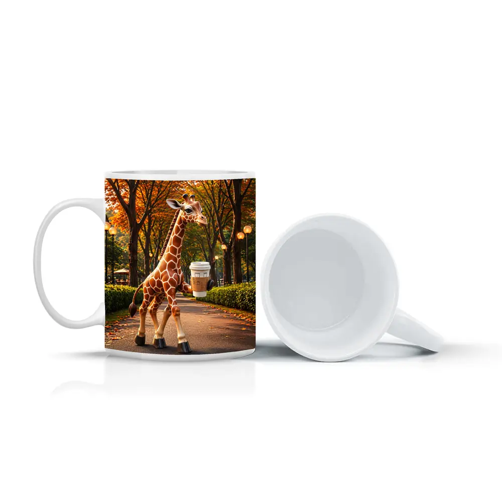 Giraffe Holding Coffee Walking Autumn Park – Mugs