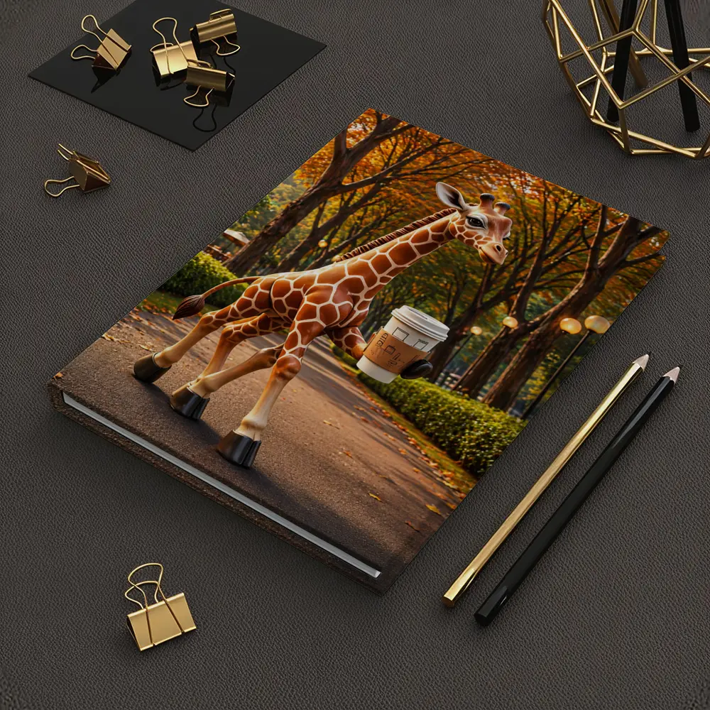 Giraffe Holding Coffee Walking Autumn Park – Notebooks
