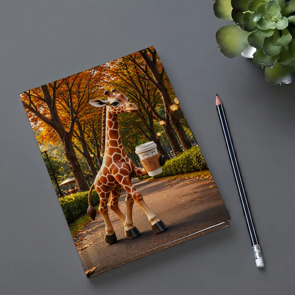 Giraffe Holding Coffee Walking Autumn Park – Notebooks