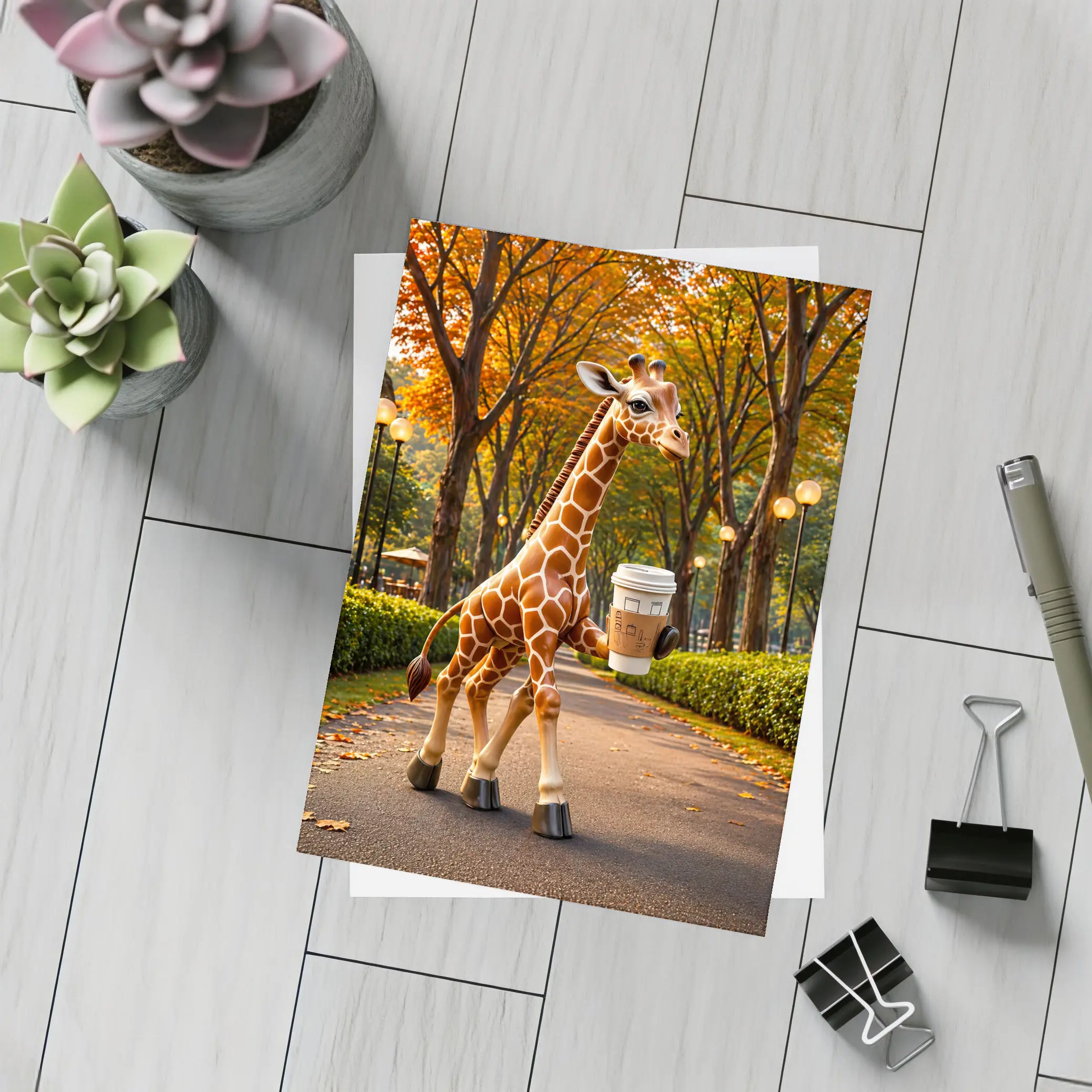 Giraffe Holding Coffee Walking Autumn Park – Postcards