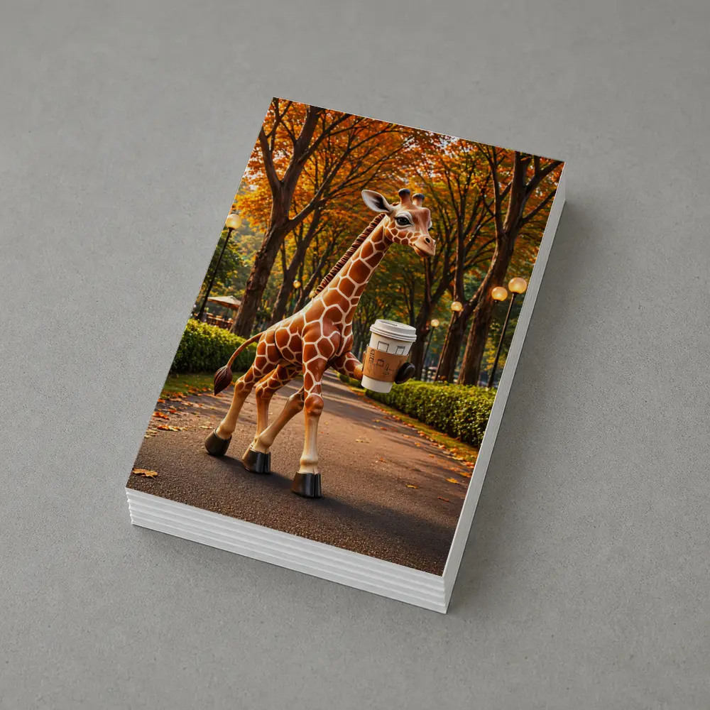 Giraffe Holding Coffee Walking Autumn Park – Postcards