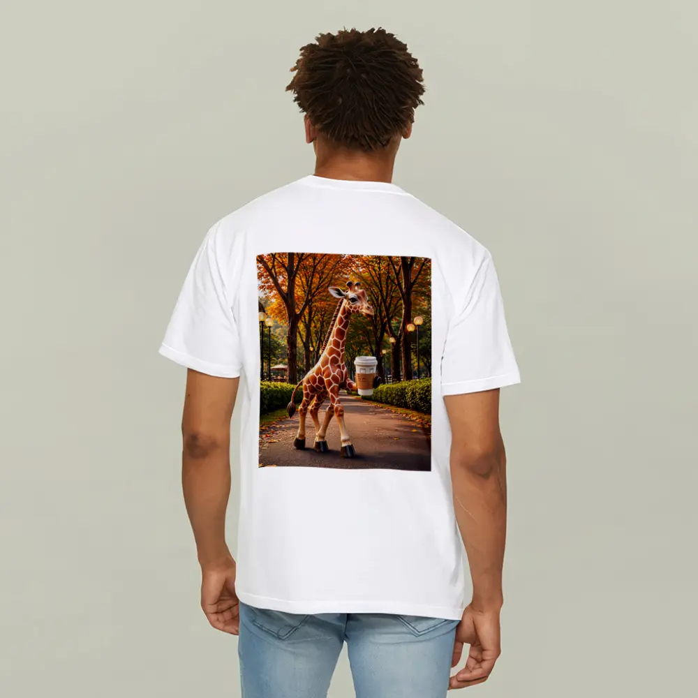 Giraffe Holding Coffee Walking Autumn Park – T-Shirts