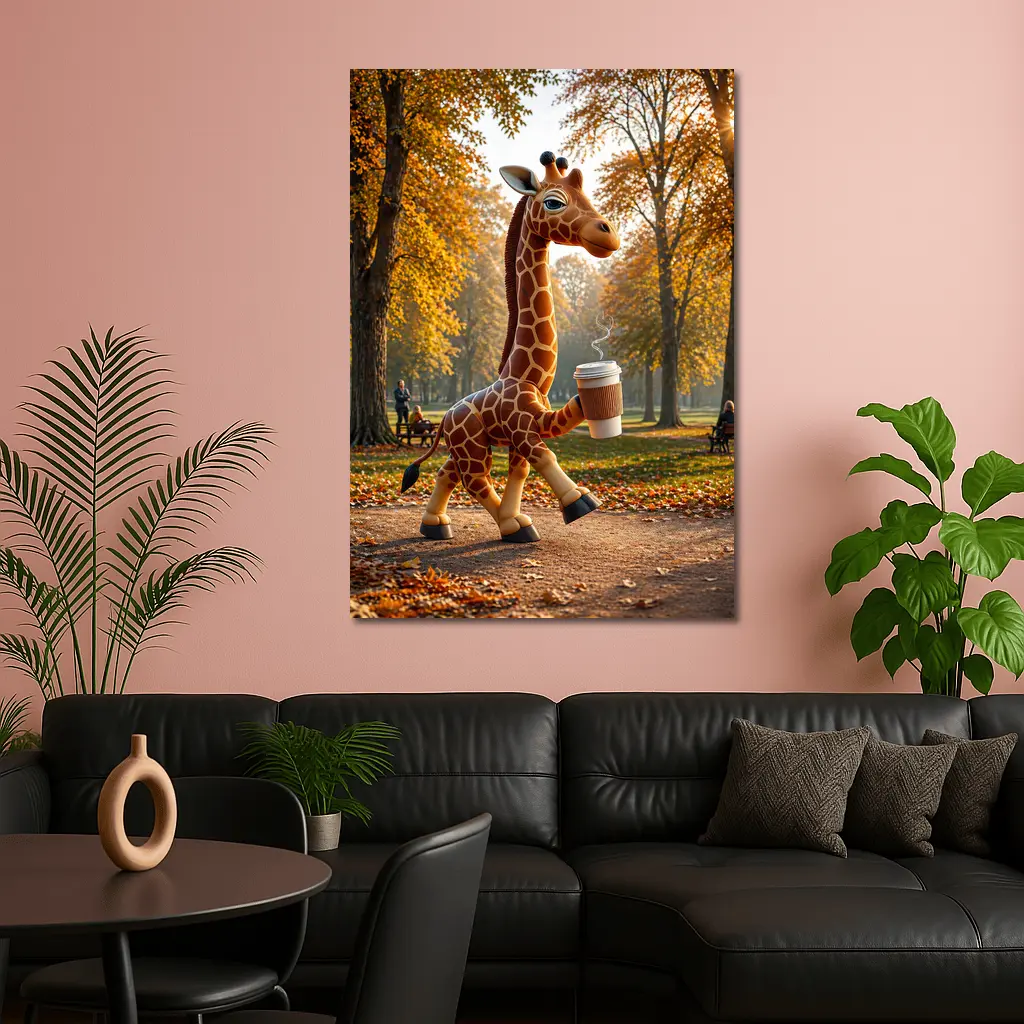 Giraffe Holding Coffee Cup Autumn Park – Wall Art
