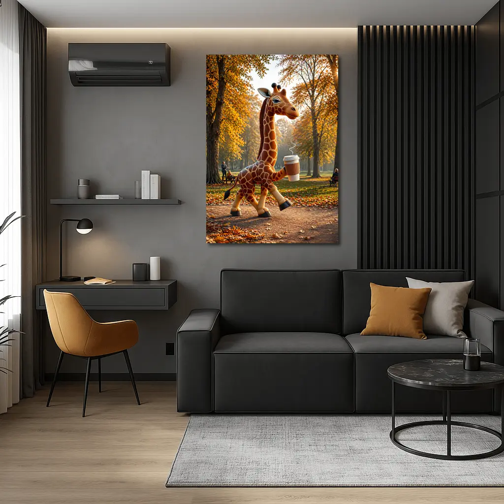 Giraffe Holding Coffee Cup Autumn Park – Wall Art