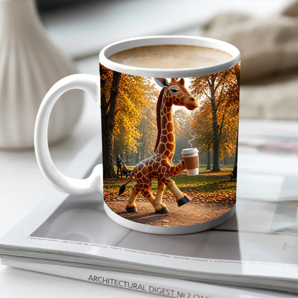 Giraffe Holding Coffee Cup Autumn Park – Mugs