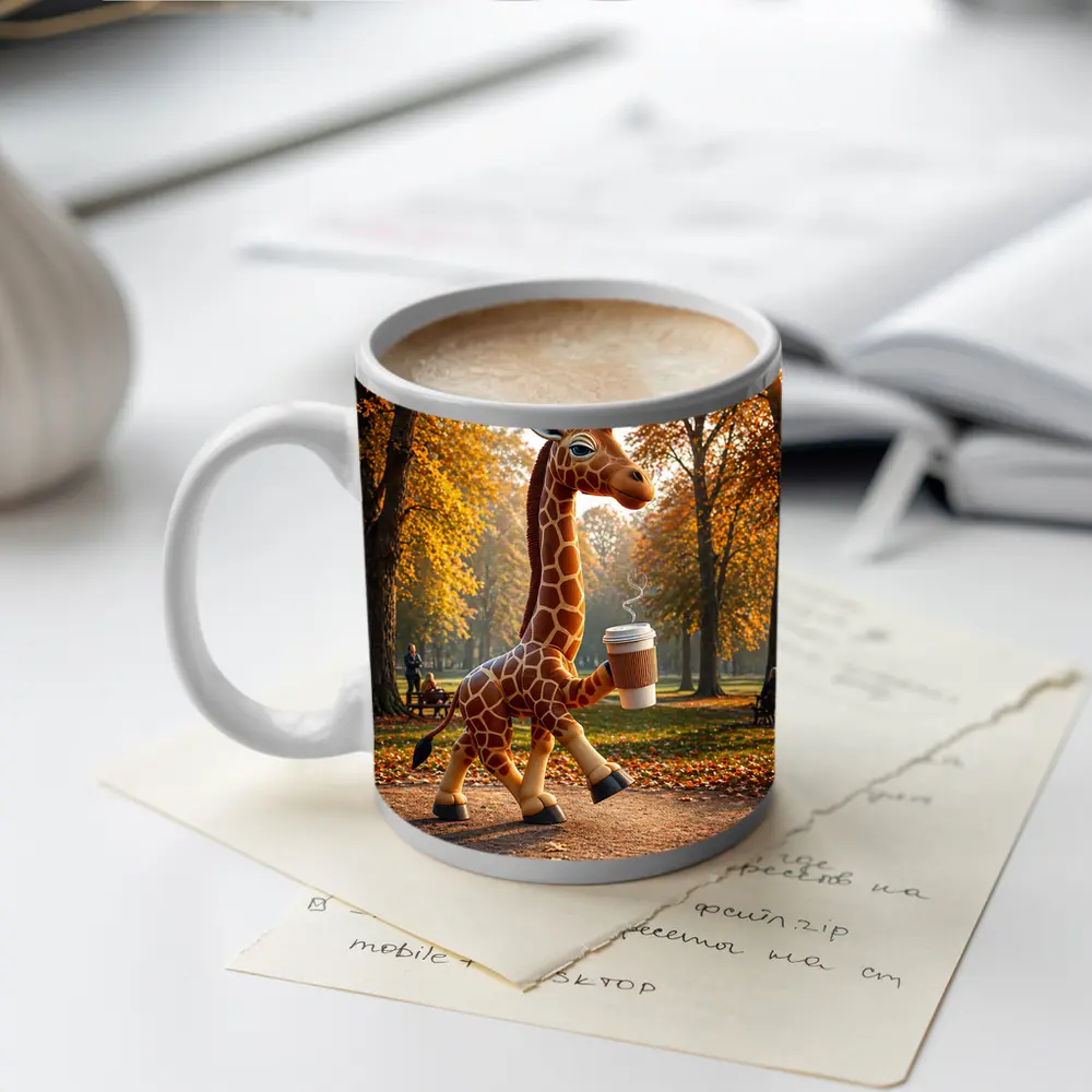 Giraffe Holding Coffee Cup Autumn Park – Mugs