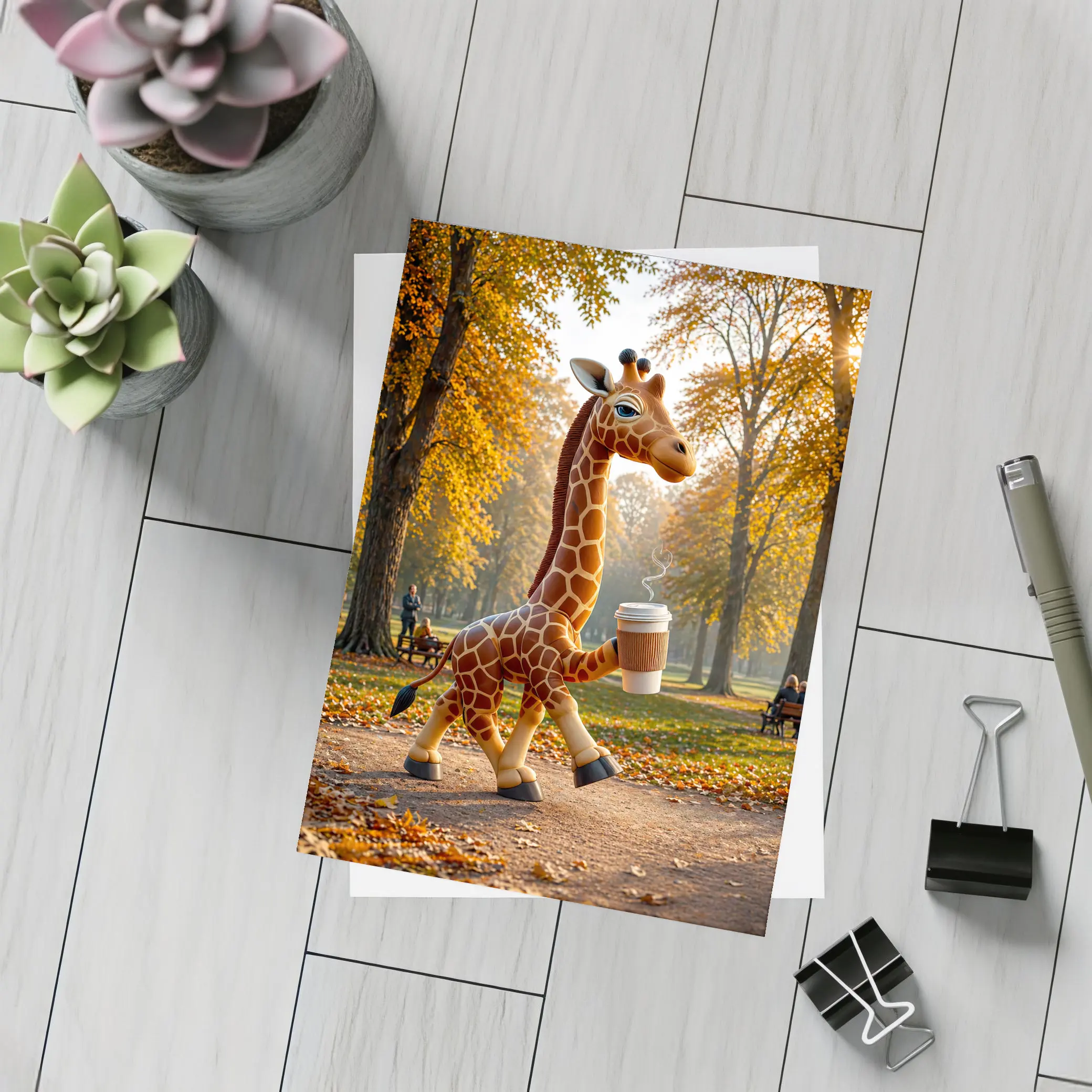 Giraffe Holding Coffee Cup Autumn Park – Postcards