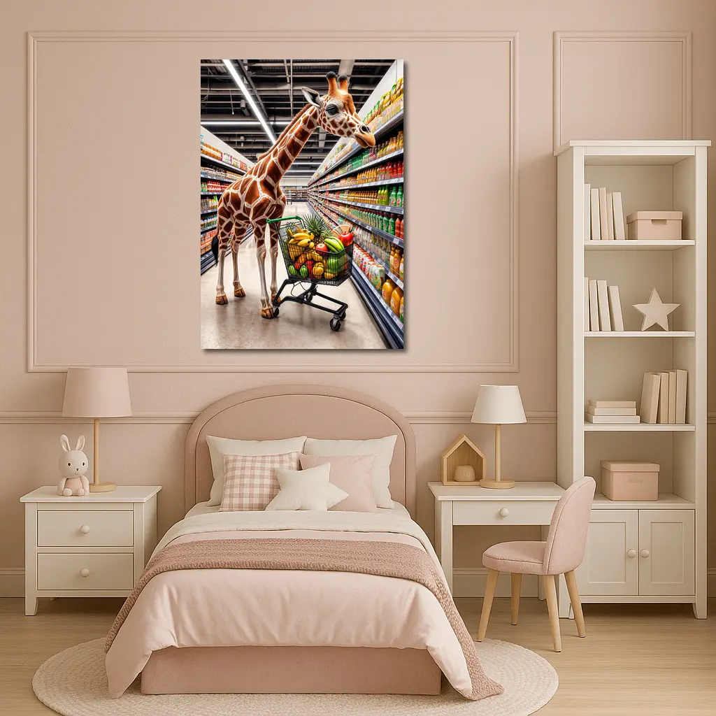 Giraffe Shopping Cart Supermarket Grocery Aisle – Wall Art
