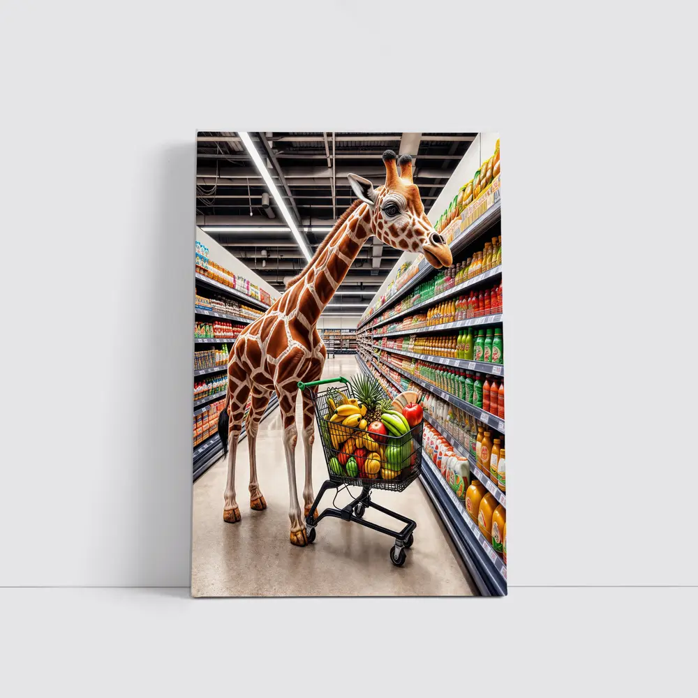Giraffe Shopping Cart Supermarket Grocery Aisle – Wall Art