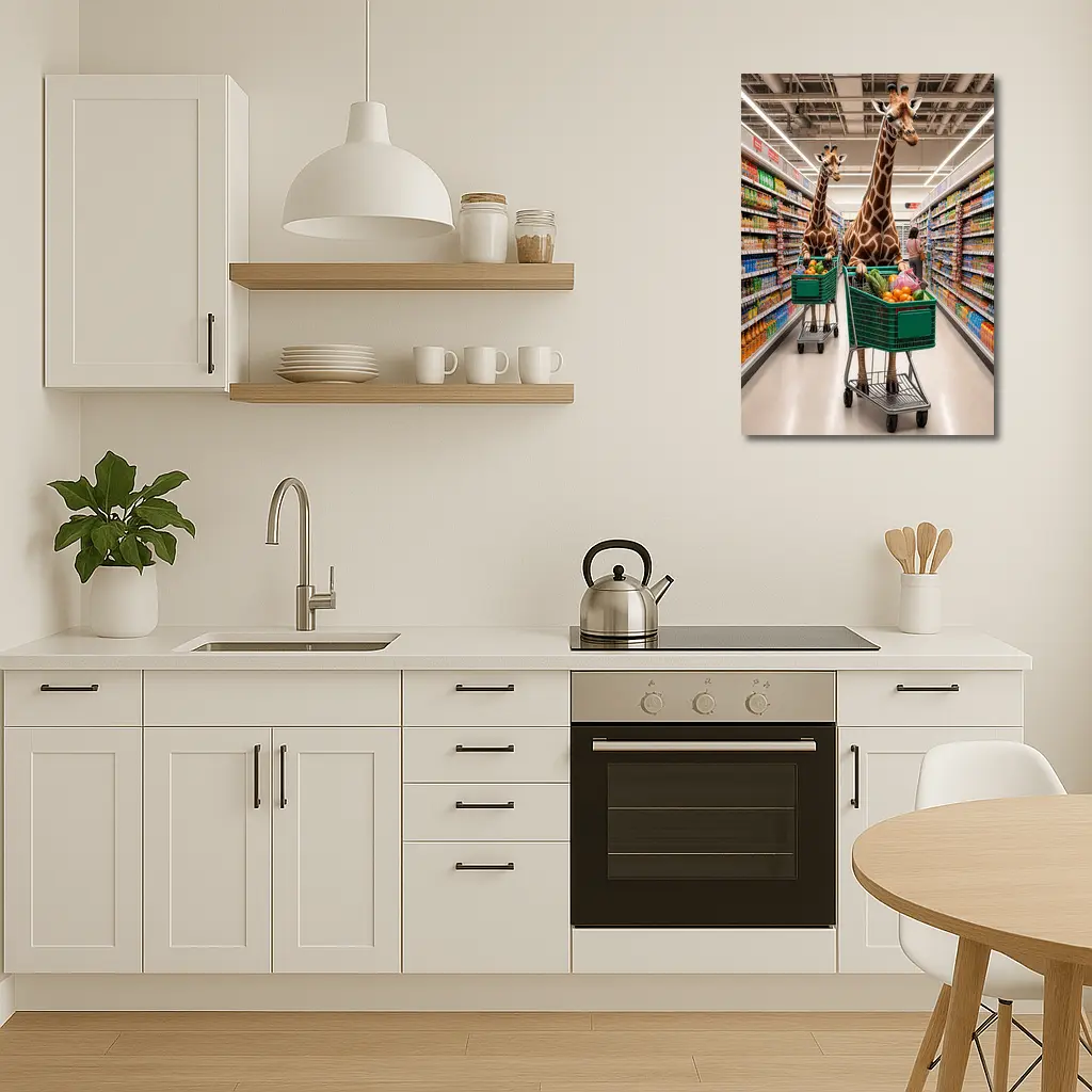 Giraffes Shopping in Colorful Grocery Store Aisle – Wall Art