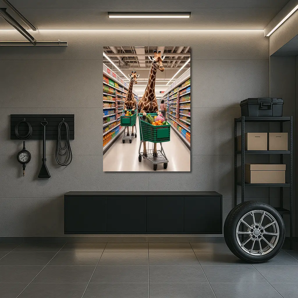 Giraffes Shopping in Colorful Grocery Store Aisle – Wall Art