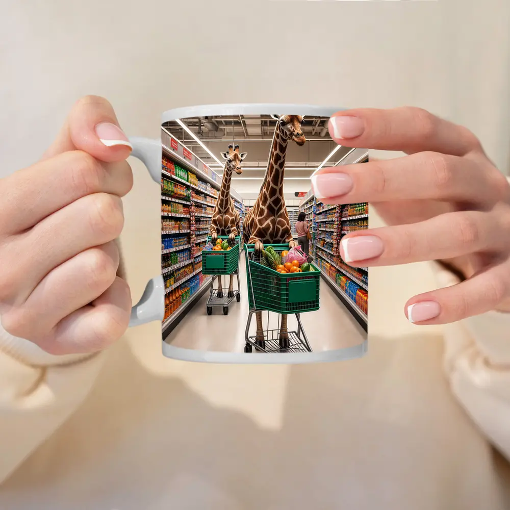 Giraffes Shopping in Colorful Grocery Store Aisle – Mugs