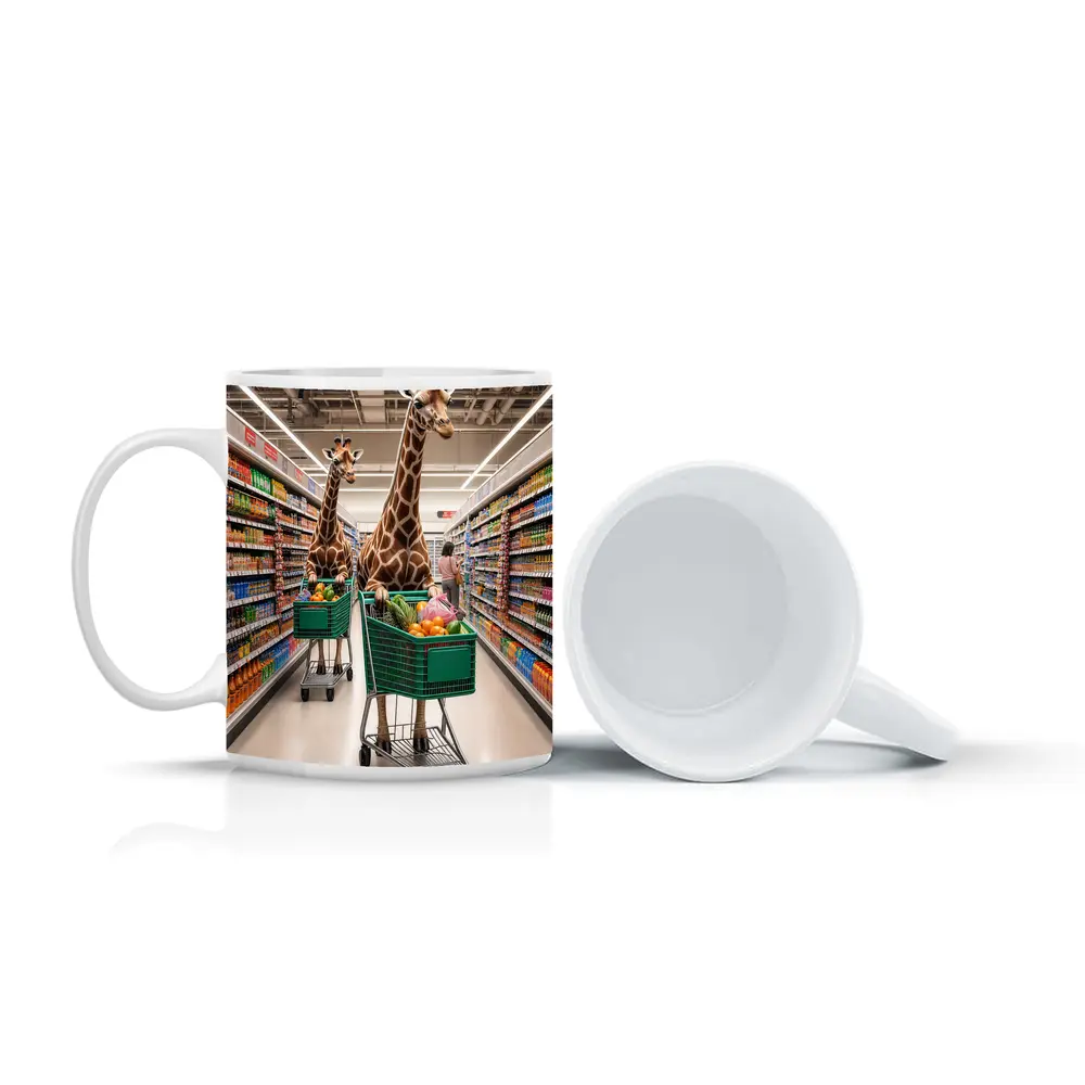 Giraffes Shopping in Colorful Grocery Store Aisle – Mugs