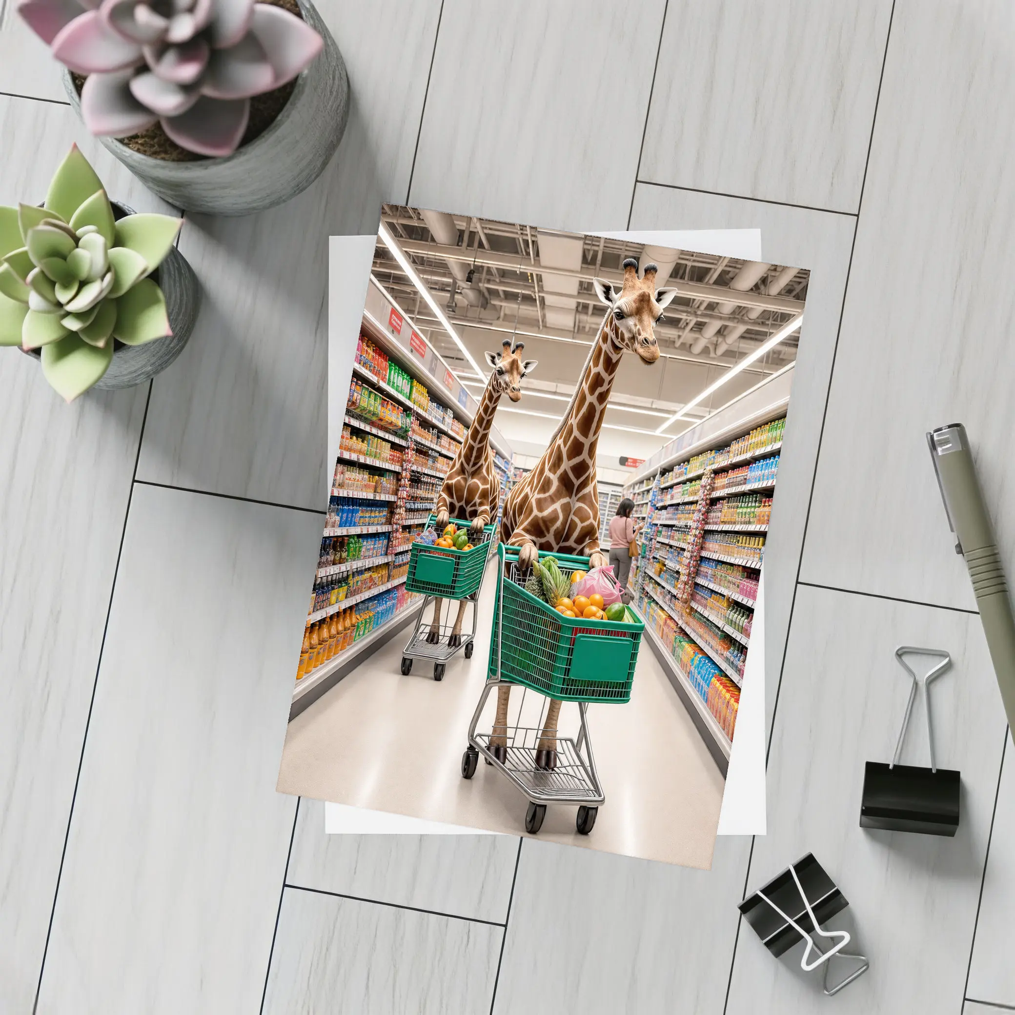 Giraffes Shopping in Colorful Grocery Store Aisle – Postcards