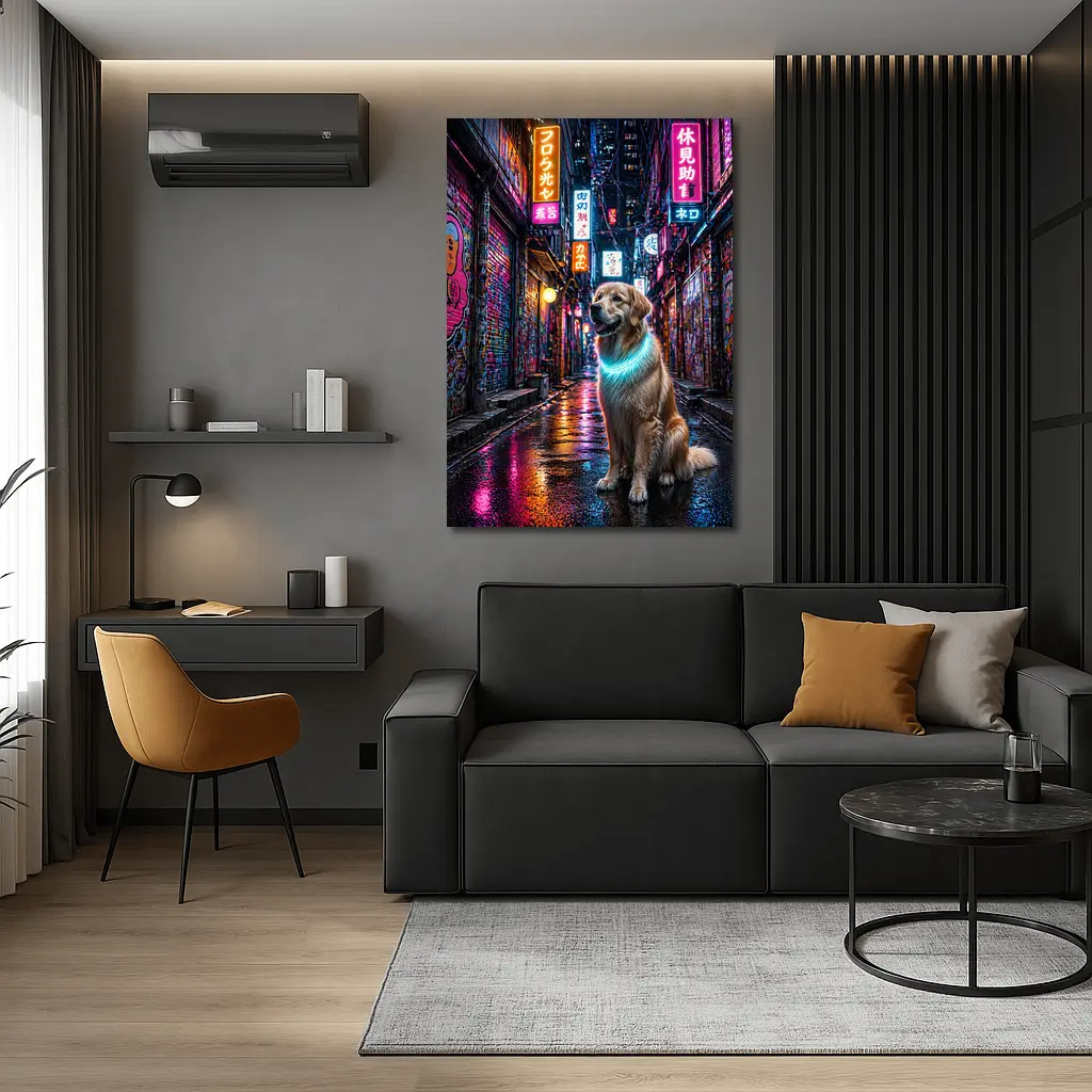 Golden Retriever Glowing Neon Cyberpunk City Alley – Wall Art