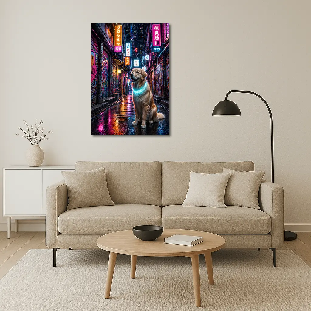 Golden Retriever Glowing Neon Cyberpunk City Alley – Wall Art