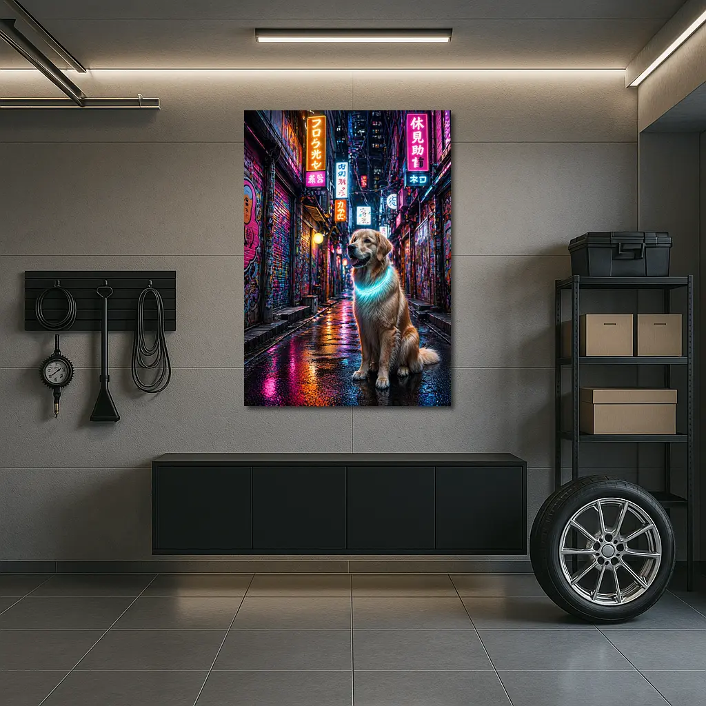Golden Retriever Glowing Neon Cyberpunk City Alley – Wall Art