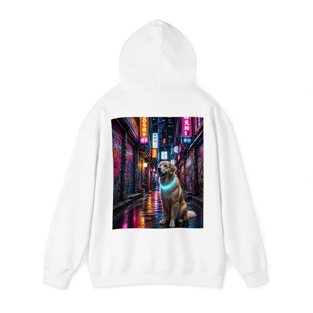 Golden Retriever Glowing Neon Cyberpunk City Alley – Hoodies