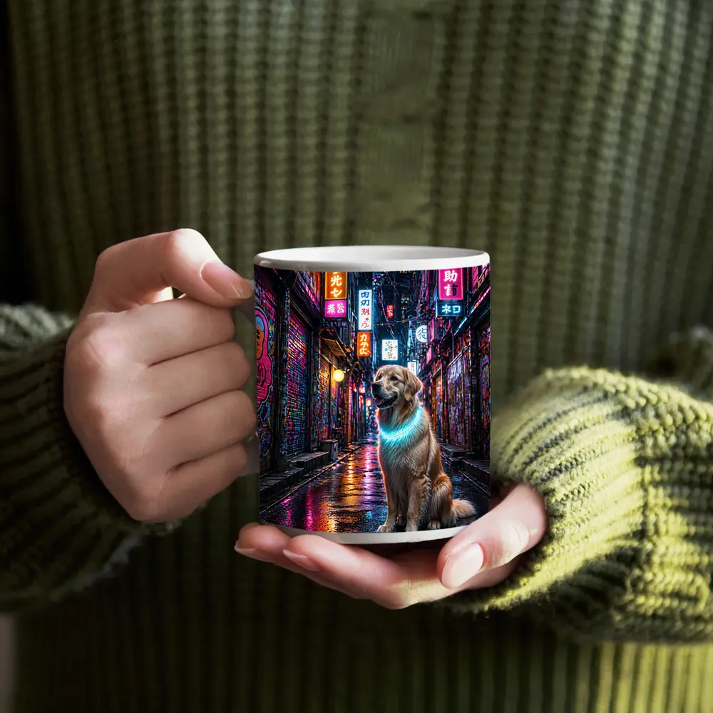 Golden Retriever Glowing Neon Cyberpunk City Alley – Mugs
