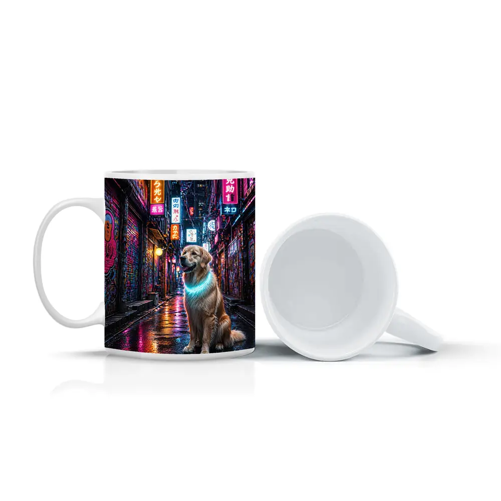 Golden Retriever Glowing Neon Cyberpunk City Alley – Mugs