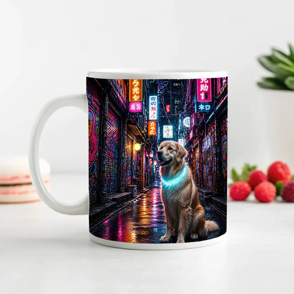 Golden Retriever Glowing Neon Cyberpunk City Alley – Mugs