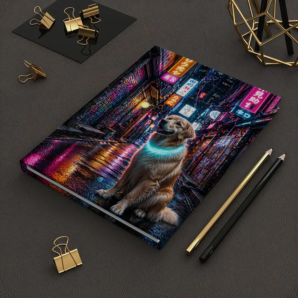Golden Retriever Glowing Neon Cyberpunk City Alley – Notebooks