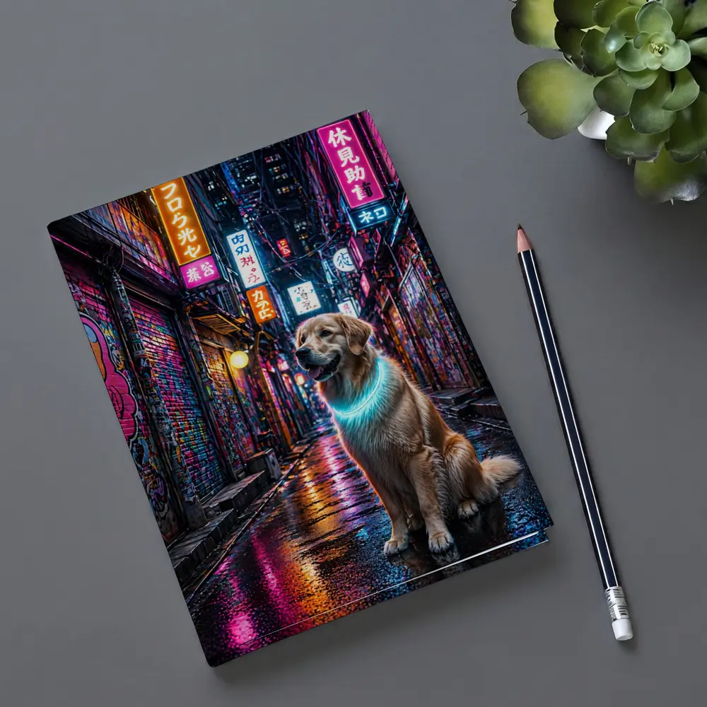 Golden Retriever Glowing Neon Cyberpunk City Alley – Notebooks