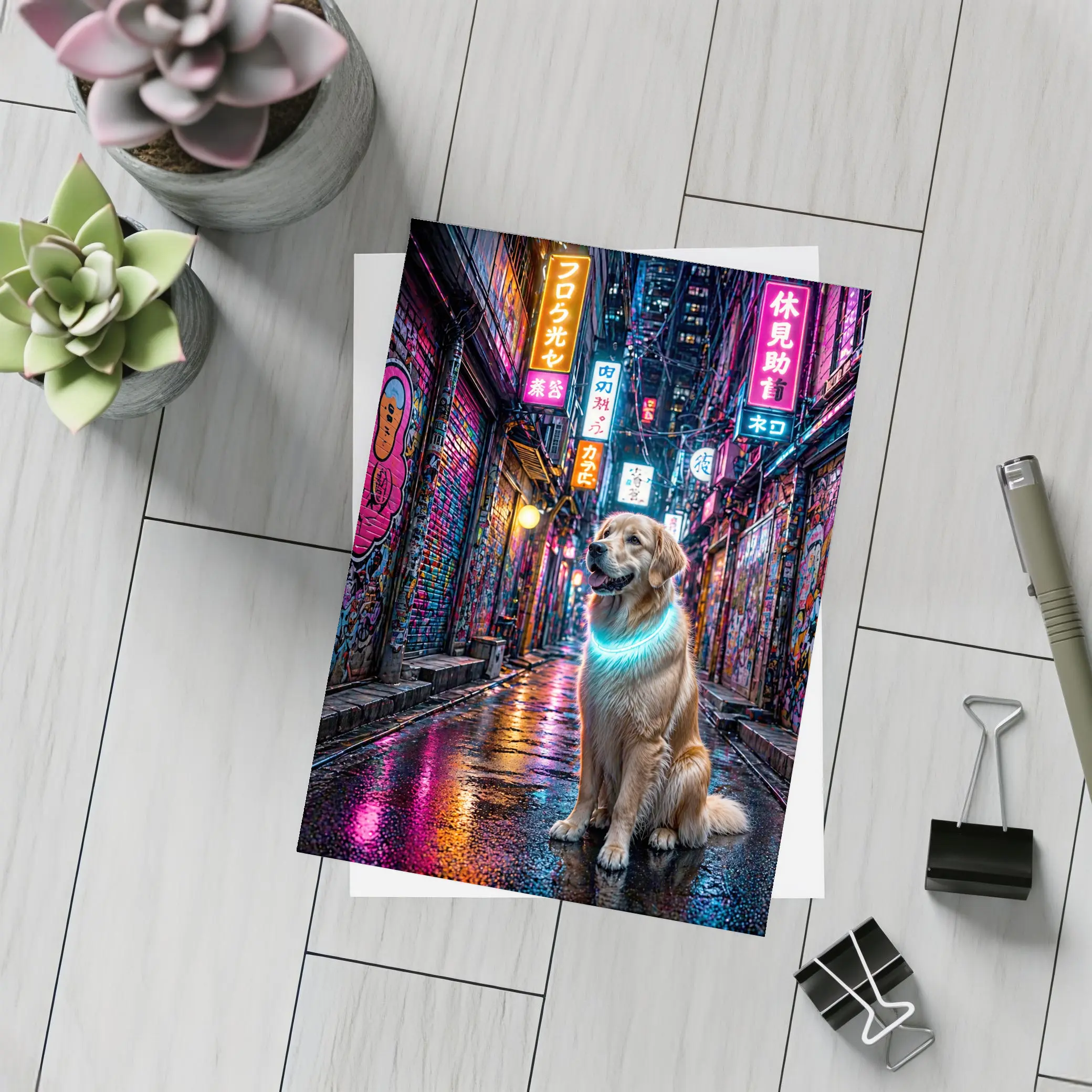 Golden Retriever Glowing Neon Cyberpunk City Alley – Postcards