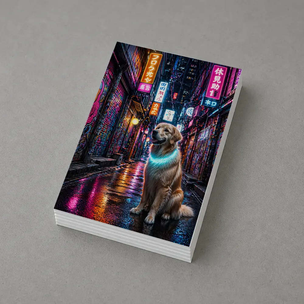 Golden Retriever Glowing Neon Cyberpunk City Alley – Postcards