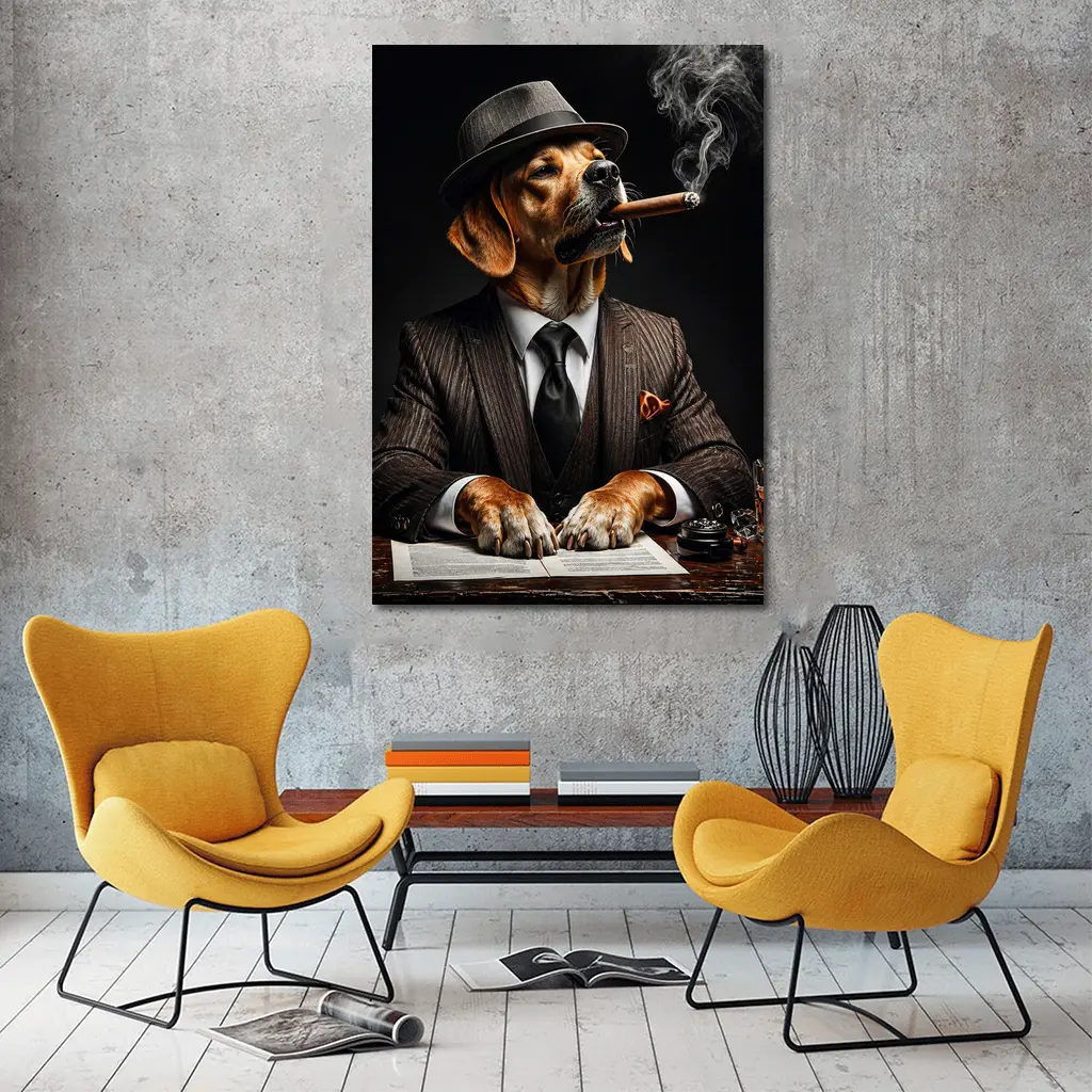 Labrador Dog Boss Suit Cigar Dark Background – Wall Art