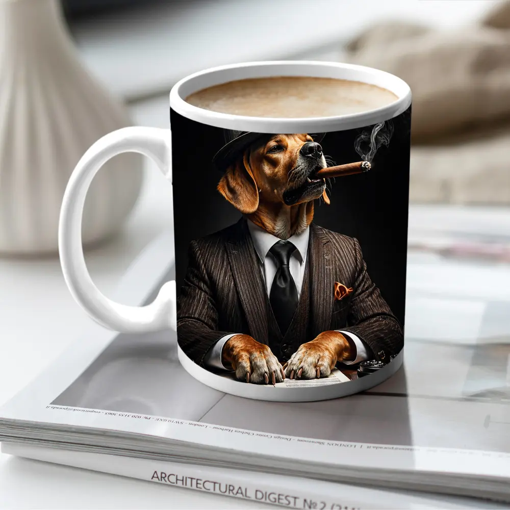 Labrador Dog Boss Suit Cigar Dark Background – Mugs