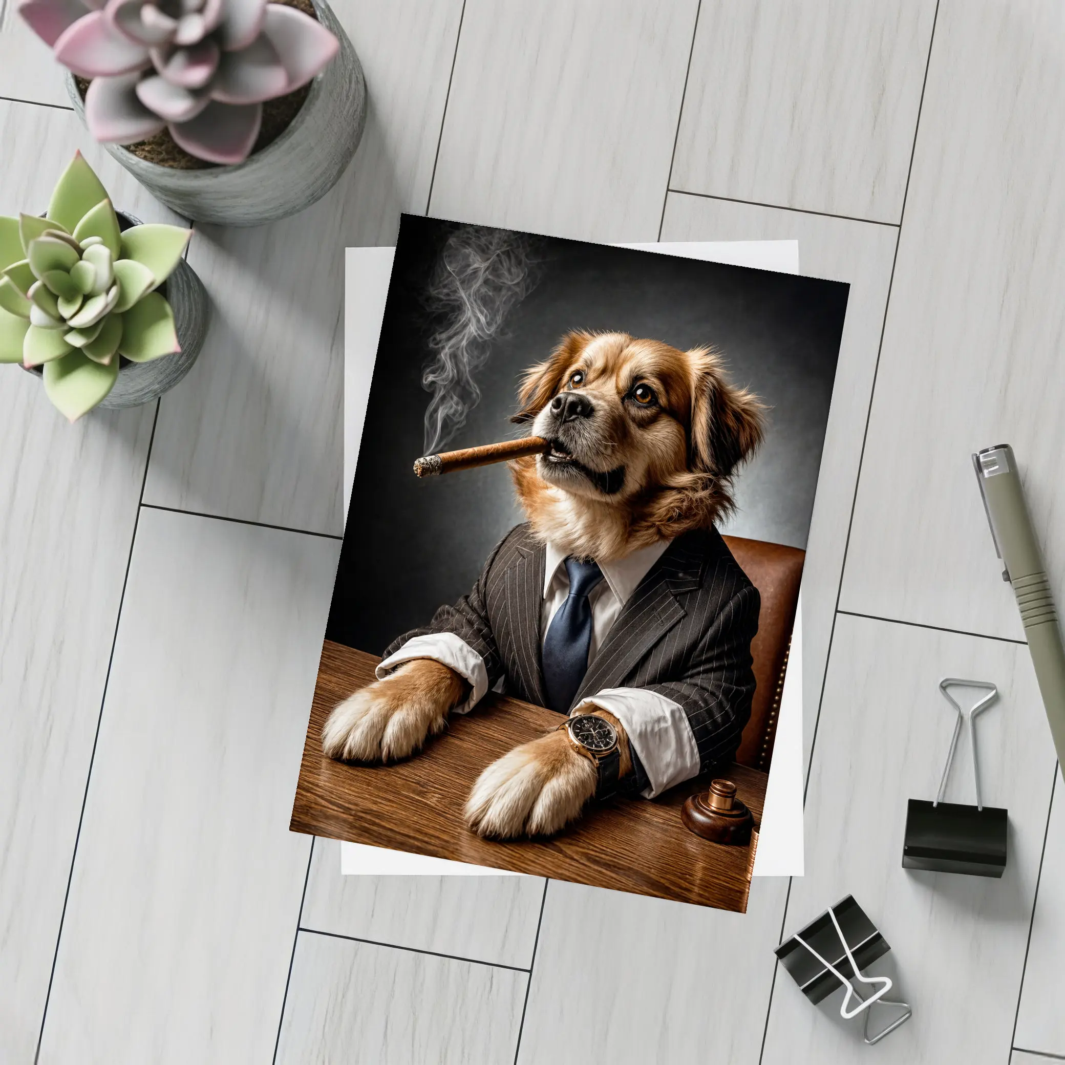Golden Retriever Boss Suit Cigar Dark – Postcards