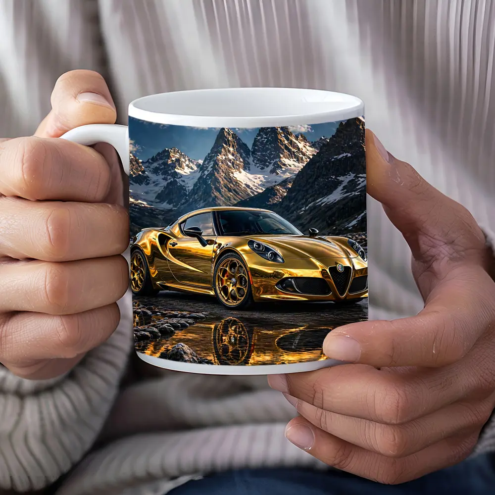 Gold Alfa Romeo 4C Mountain Reflection Scene – Mugs