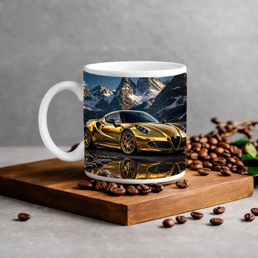 Gold Alfa Romeo 4C Mountain Reflection Scene – Mugs