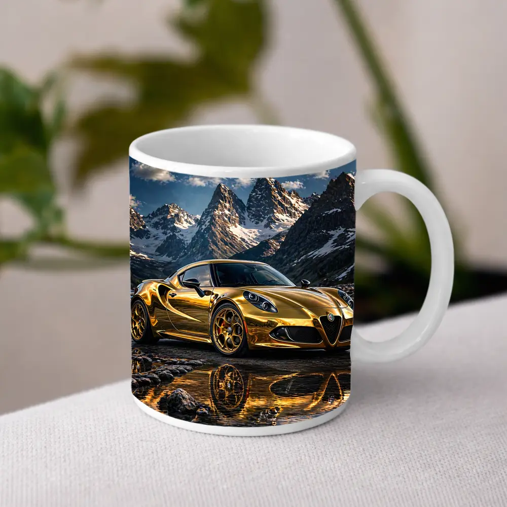 Gold Alfa Romeo 4C Mountain Reflection Scene – Mugs